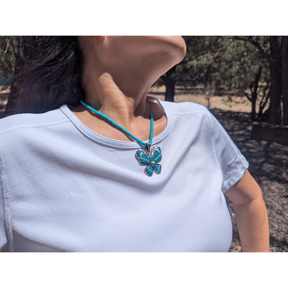 Navajo Necklace Turquoise Butterfly Pendant Handmade Native Amer Jewelry ** - Picture 10 of 13